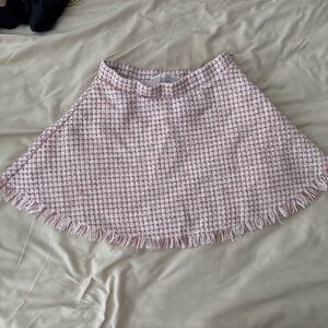 H & M Pink Plaid Flared Side Zip Frayed Tweed Skirt Size 6